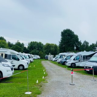 Zahlreiche Wohnmobile stehen in
                           zwei Reihen auf begrünten Stellflächen entlang eines geschotterten Fahrwegs. Kleine weiße Markierungen grenzen die einzelnen
                           Stellplätze voneinander ab. Im Hintergrund wachsen hohe Laubbäume unter einem bedeckten Himmel.