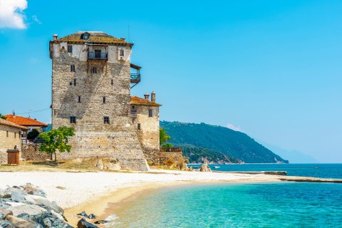 Byzantinischer Turm von Ouranoupolis, Athos-Halbinsel, Chalkidiki,
                           Griechenland