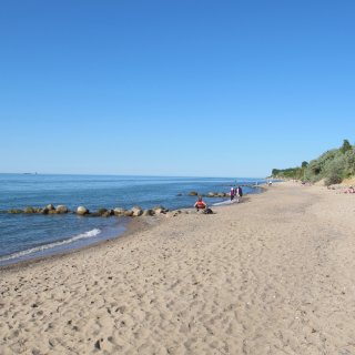 Der naturbelassene Sandstrand unterhalb
                           der Steilküste im Ostseebad Rerik. Im klaren, flachen Ostseewasser liegt eine Buhnenreihe aus großen Natursteinen. Am breiten
                           Sandstrand sitzen und spazieren vereinzelte Badegäste unter einem wolkenlosen, tiefblauen Himmel. Auf der rechten Seite steigt
                           der bewachsene Hang der Steilküste auf.