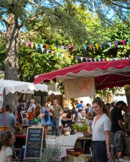 Auf dem beliebten Bauernmarkt im Ortskern von Die stehen
                           mehrere Personen zwischen Verkaufsständen unter Bäumen. Im Vordergrund sind ein Stand mit roter Markise, Gemüsekisten und
                           eine Tafel mit der Aufschrift „TISANE CHAUDE ou FRAICHE“ zu sehen. Darüber hängen bunte Wimpelketten.