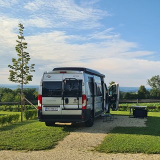 Campingbus auf einer parzellierten Stellfläche
                           mit geschottertem Standbereich, Rasen, niedrigen Hecken und einem jungen Baum.