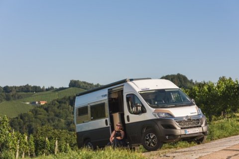 Wohnmobil mit Frau und Hund