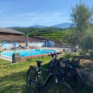 Zwei
                           schwarze E-Bikes der Marke KTM parken auf einer Rasenfläche im Vordergrund. Dahinter liegt ein rechteckiger, hellblauer Swimmingpool,
                           der von einem niedrigen Metallzaun umgeben ist. Am Poolrand stehen mehrere graue Sonnenliegen. Im Hintergrund befindet sich
                           ein flaches Gebäude mit rostrotem Dach und einer bunt bemalten Außenwand. Dahinter erstrecken sich grüne Weinberge und bewaldete
                           Hügel unter einem klaren, blauen Himmel.