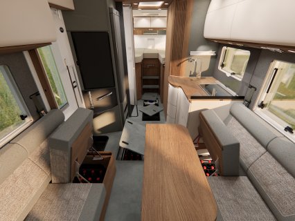 Wohnmobil-Innenraum mit geöffneten Staufächern im Boden und unter den Sitzbänken.