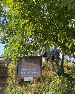 m Zentrum steht
                           ein dunkelgraues Hinweisschild mit Holzrahmen und der orange-weißen Aufschrift „Saksida SAKSIDA ESTATE - ECOCAMPING - WINE
                           & CAMPING RESORT“. Darunter befindet sich eine kleine Zusatztafel mit der Kategorie-Angabe von drei Sternen. Links daneben
                           führen rustikale Steinstufen eine grasbewachsene Böschung hinauf. Ein großer Laubbaum mit dichtem, grünem Blätterdach rahmt
                           das Schild malerisch ein. Auf der Anhöhe im Hintergrund ist leicht verdeckt das Heck eines grünen Geländewagens mit Ersatzrad
                           zu erkennen, neben dem eine Person im Campingstuhl sitzt.