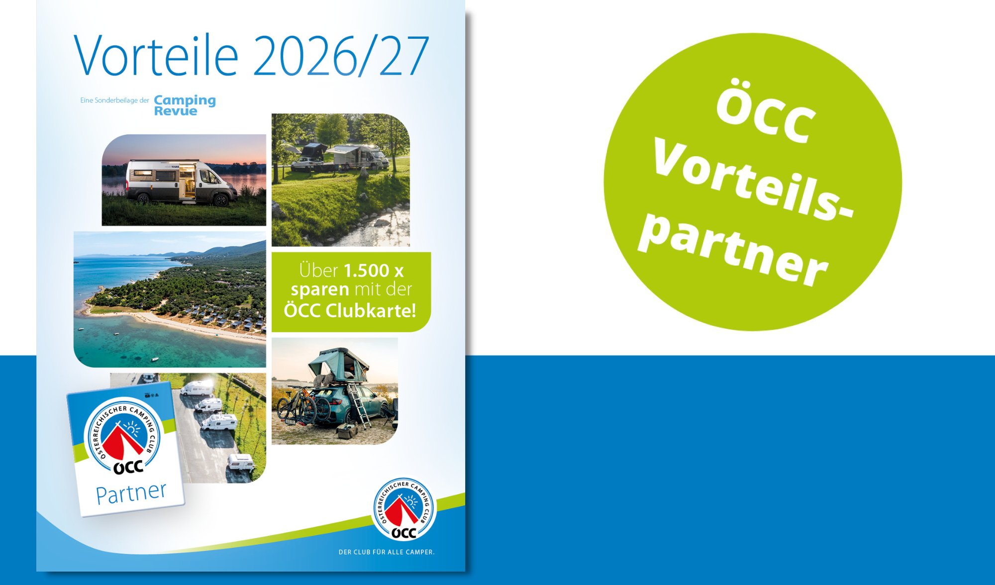 Cover der Vorteilspartnerbroschüre 2026/27 des Österreichischen Camping Clubs.