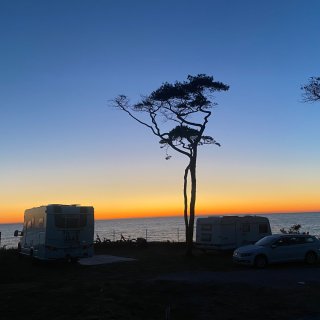Ein spektakulärer Sonnenuntergang über
                           dem Meer am Ostsee-Campingpark Zierow. Am Horizont leuchtet der Himmel in intensivem Orange und Gelb, während er nach oben
                           hin in ein tiefes Dunkelblau übergeht. Im Vordergrund stehen die Silhouetten eines Wohnmobils, eines Wohnwagens mit Auto und
                           einer markanten, hohen Kiefer direkt an der Klippe zum Wasser.