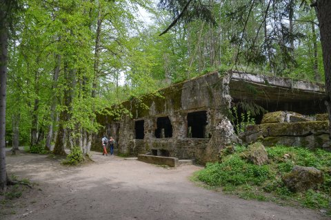 Ruine eines alten Bunkers
                           mit meterdicken Betonmauern, mitten in einem dichten Wald, zwei Besucher sehen es sich von außen an