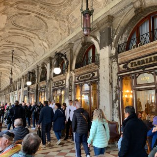 Zahlreiche Menschen
                           flanieren durch die historischen, überdachten Arkadengänge am Markusplatz in Venedig. Auf der rechten Seite reihen sich die
                           holzgetäfelten Eingänge des weltberühmten Caffè Florian aneinander, aus deren großen Bogenfenstern ein warmes Licht auf den
                           rot-weiß karierten Fliesenboden fällt. Die aufwendige Stuckdecke, antike Hängelaternen, Kellner in klassischen weißen Sakkos
                           und die leicht abblätternde Fassade verleihen der Szene einen unverwechselbaren, nostalgischen Charakter.