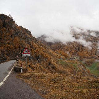 Kurvenreiche Hochalpenstraße zwischen
                           felsigen, herbstlich gefärbten Berghängen und tief hängenden Wolken.