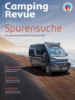 Cover der Camping Revue 6/2026: Wohnmobil auf Straßenrand und rote Überschrift 