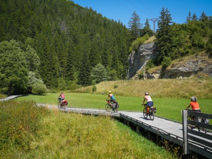Vier Personen fahren mit bepackten Fahrrädern
                           über einen Holzsteg durch eine Wiesenlandschaft. Im Hintergrund sind bewaldete Hänge, Felsen und Stromleitungen zu sehen.