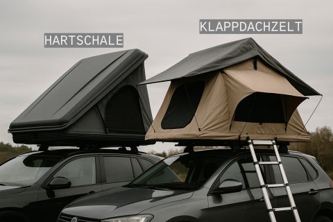 Klappdachzelt und Hartschalenzelt nebeneinander zur Übersicht