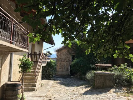 Auf dem Bild ist ein alter Hof zu sehen mit Brunnen, Baum und Treppe zur
                           Tür rauf. Der Boden ist gepflastert. An der Hausmauer steht ein Weinfass.