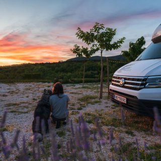 Eine Person sitzt gemeinsam mit einem Hund auf einem Schotterplatz neben einem Camper und blickt in Richtung
                           Sonnenuntergang. Im Hintergrund sind Bäume und Hügel zu sehen.