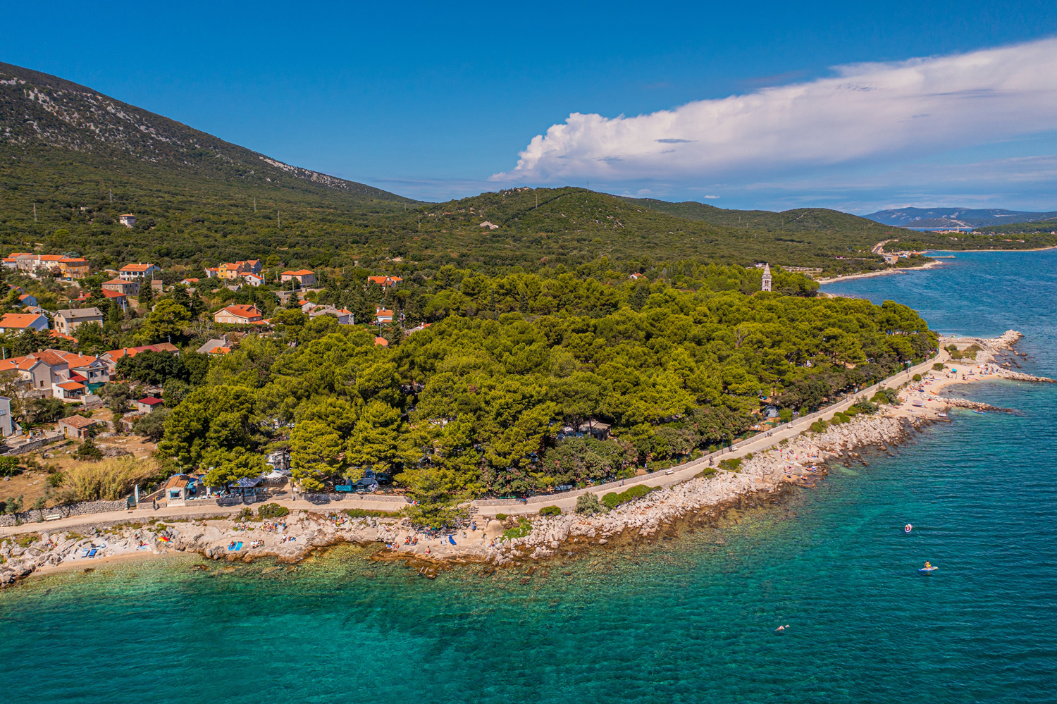 Luftaufnahme des Strandabschnittes mit
                                 grün-blauem, klarem Meer und des Campingplatzes, der unter dem dichten Baumdach der Pinien kaum zu erkennen ist.