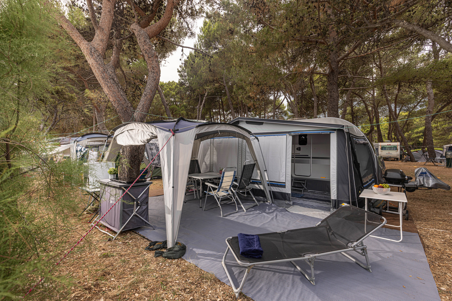 Wohnwagen mit Vorzelt und Pavillon zwischen den Pinien in erster Reihe vor dem Meer
                                 