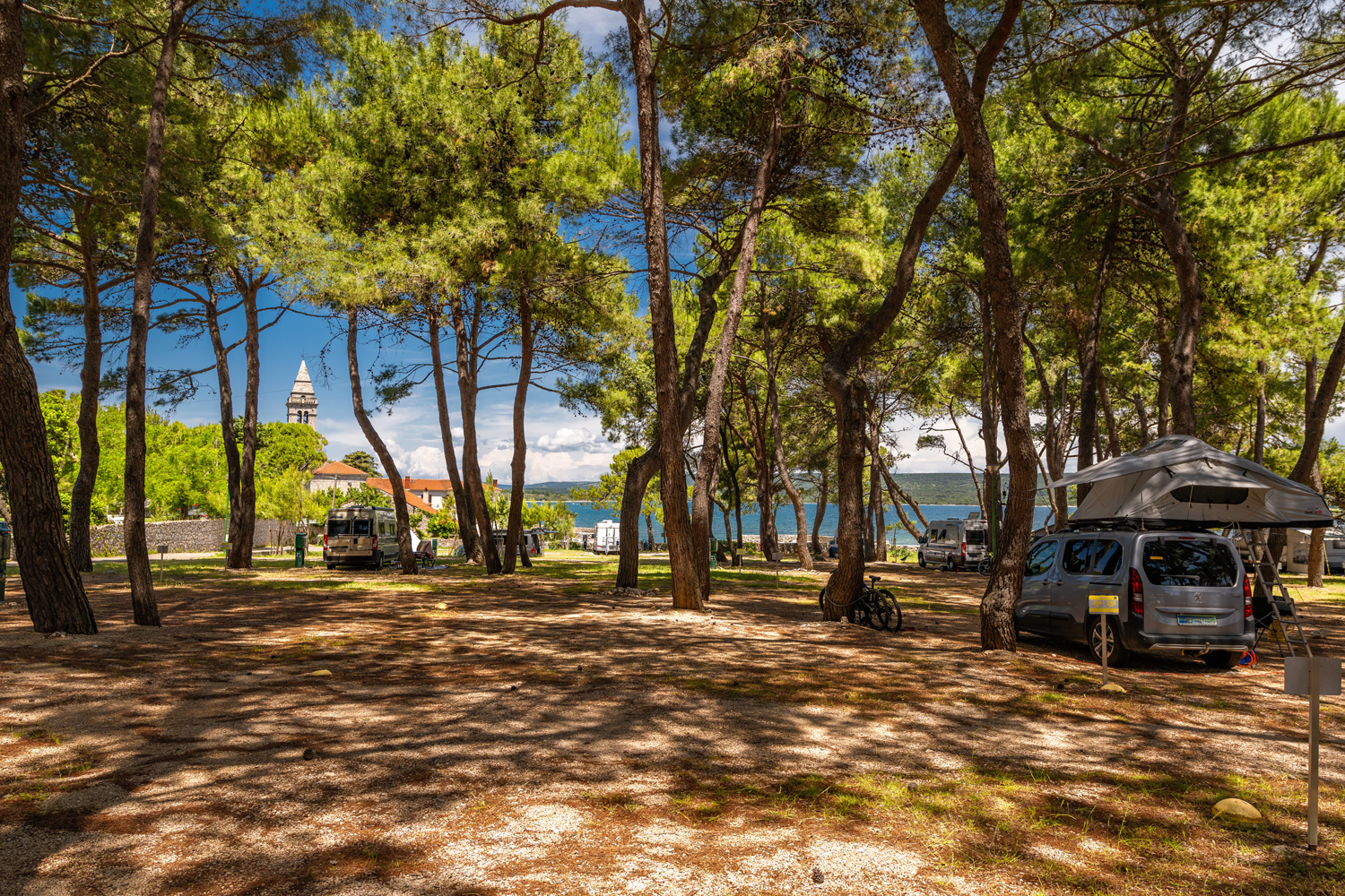 Schattige Stellplätze im Wald mit Blick aufs Meer
                                 und den Kirchenturm im HIntergrund