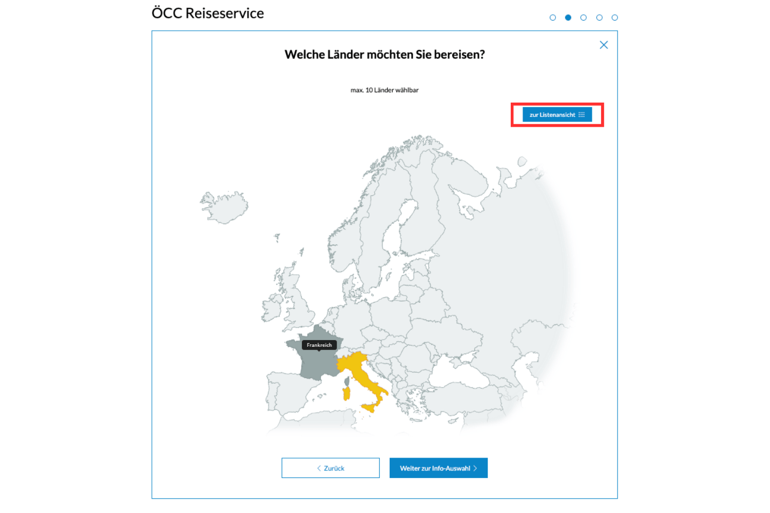Auswahl
                           der Länder über Kartenansicht