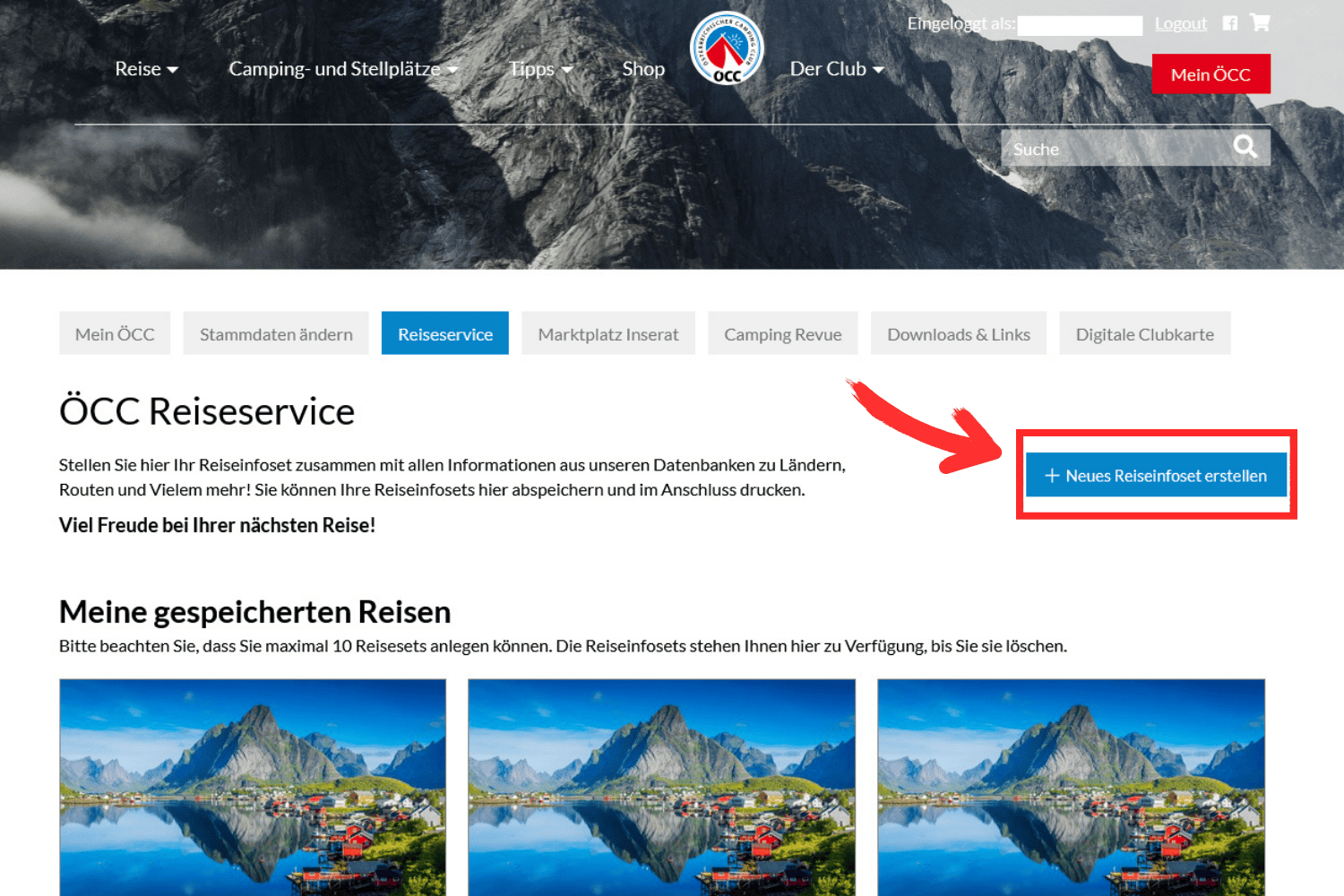 Beginn der Erstellung des neuen Reisesets über + Neues Reiseinfoset
                           erstellen