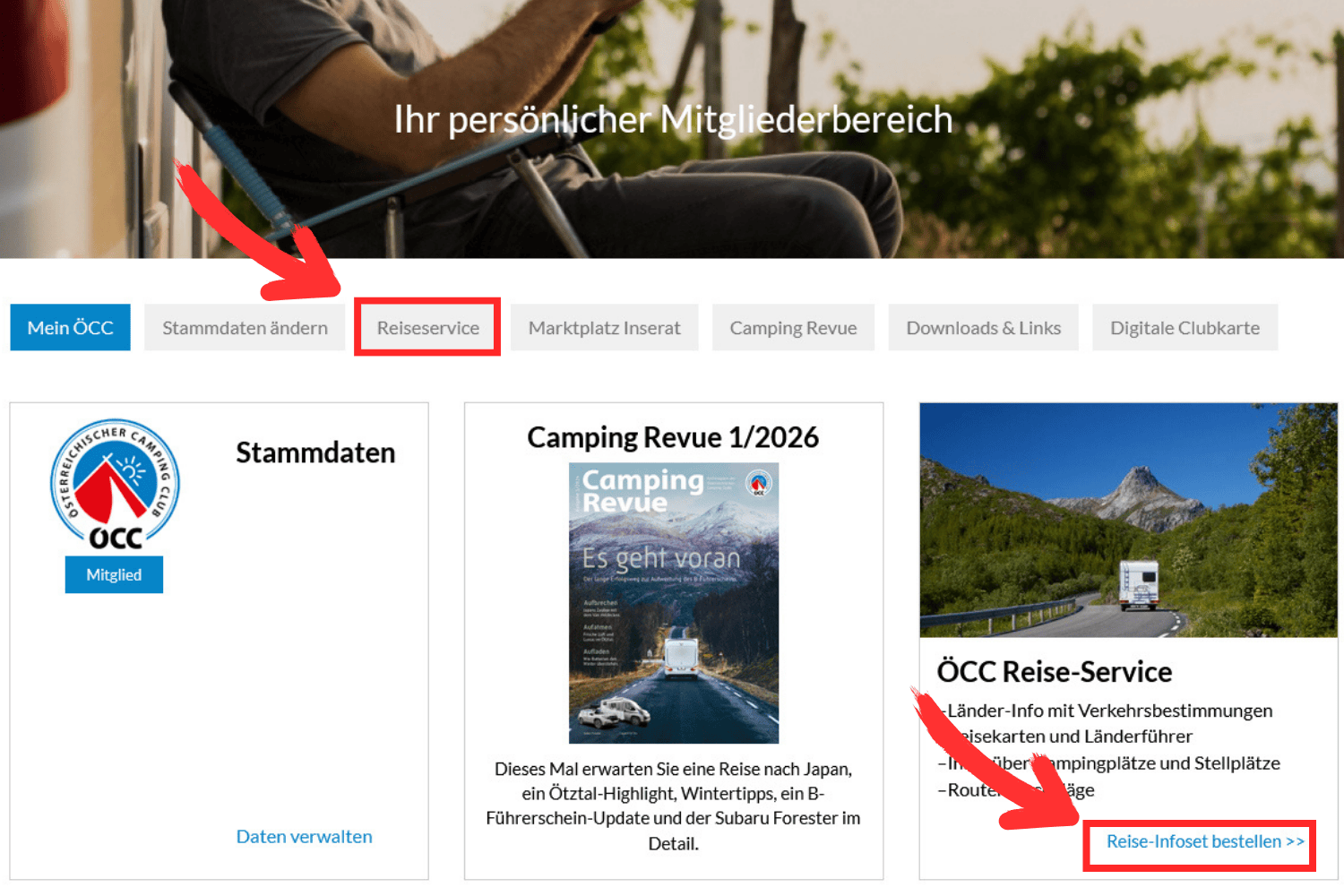 Navigation zum neuen Reiseservice im
                           Mitgliederbereich