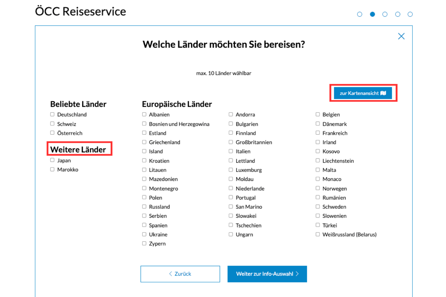 Auswahl
                           der Länder über Listenansicht