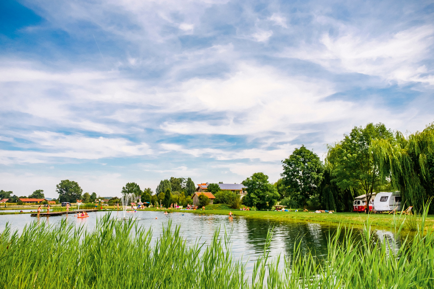 Naturbadesee mit Blick vom Seeufer
                                 mit Seegras am Vital Camp Bayerbach